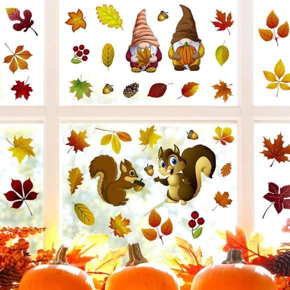 126 PCS Thanksgiving Gnomes Turkey Window  Autumn Glass Clings Fall Home Decor - Picture 7 of 8